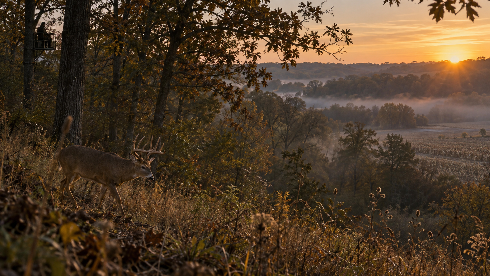 Mature whitetail buck below a bowhunter’s tree stand on private Northern Missouri hunting ground at sunrise