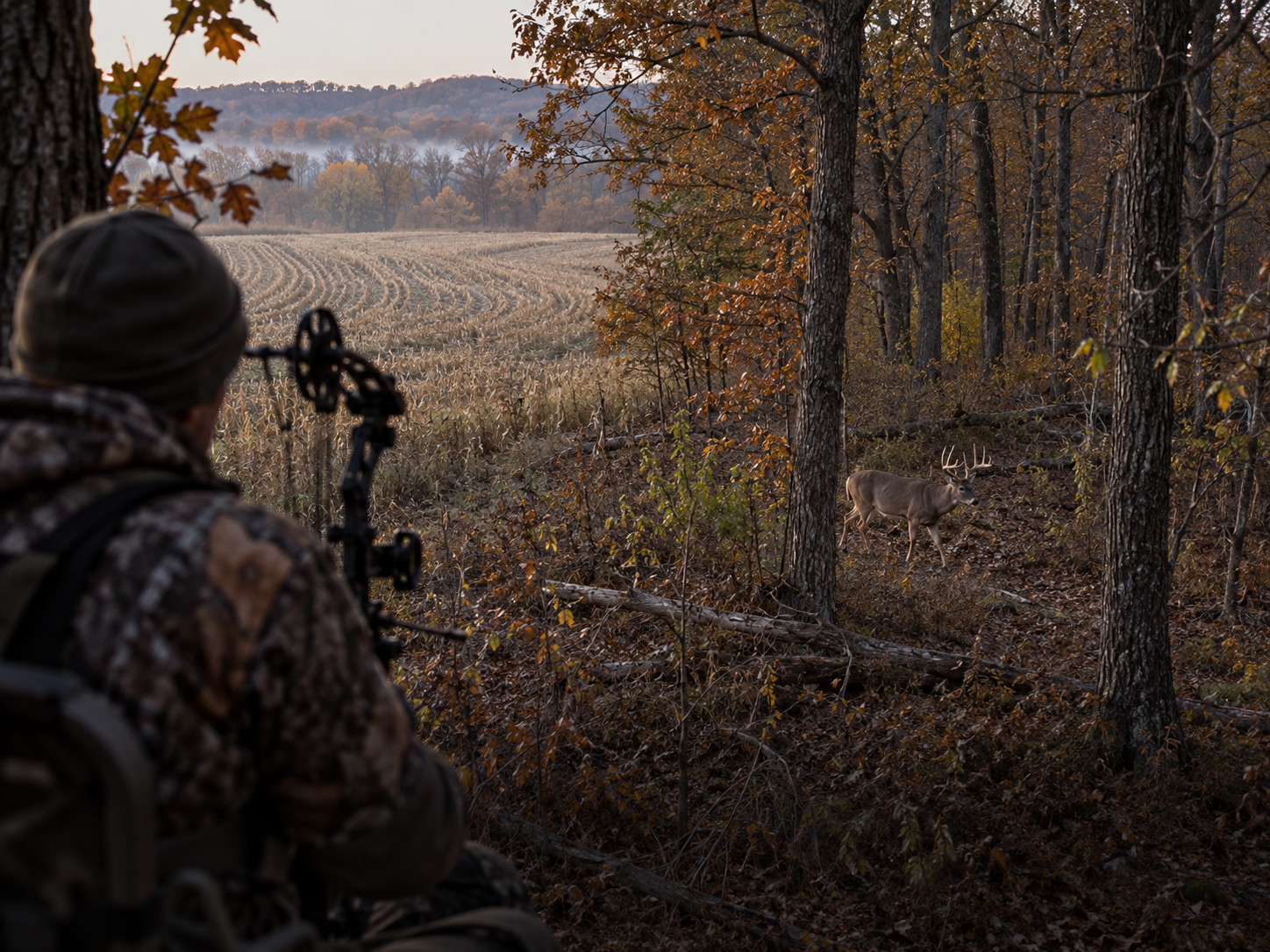 Bowhunter watching a whitetail buck along a Northern Missouri timber edge Bowhunter watching a whitetail buck along a Northern Missouri timber edge