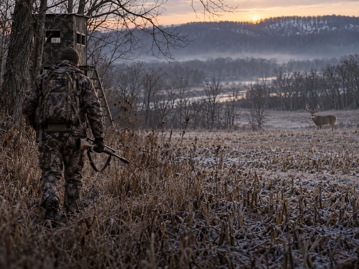 Late-season muzzleloader hunter approaching a blind in Northern Missouri Late-season muzzleloader hunter approaching a blind in Northern Missouri