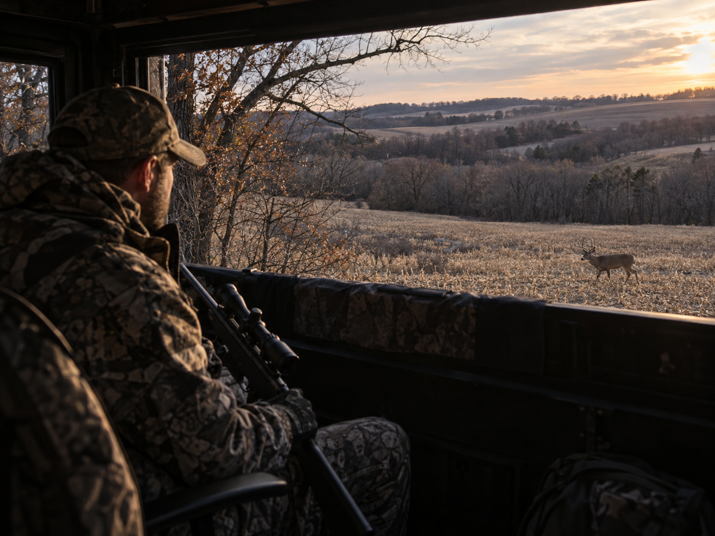 Rifle hunter overlooking a Northern Missouri field from an enclosed blind Rifle hunter overlooking a Northern Missouri field from an enclosed blind
