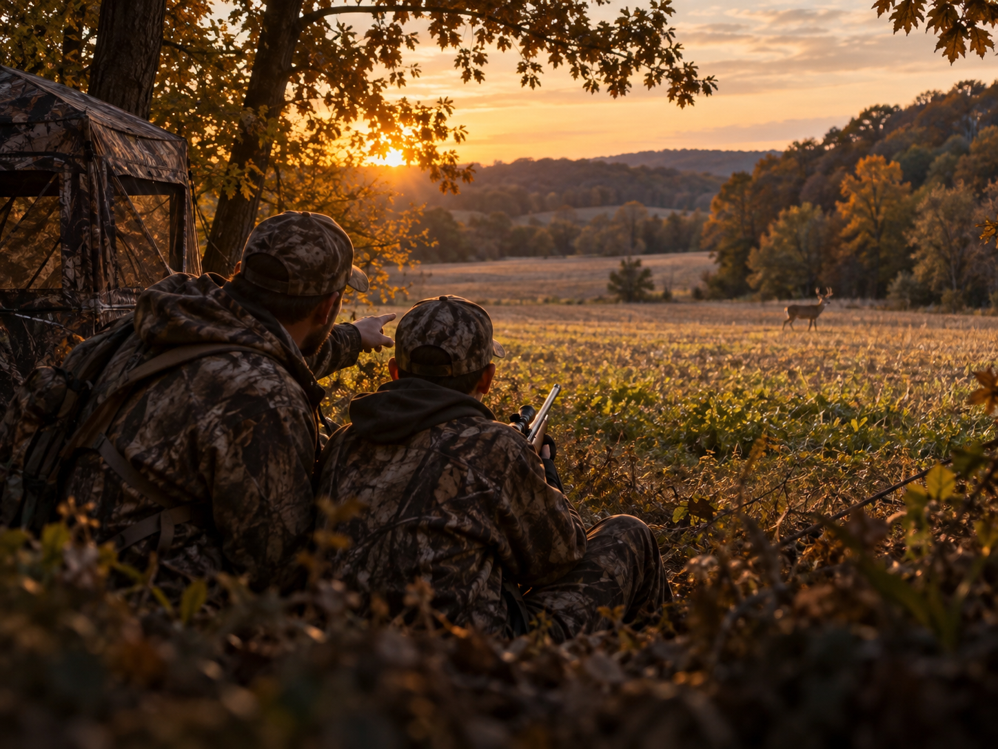 Adult mentor guiding a youth deer hunter in Northern Missouri Adult mentor guiding a youth deer hunter in Northern Missouri