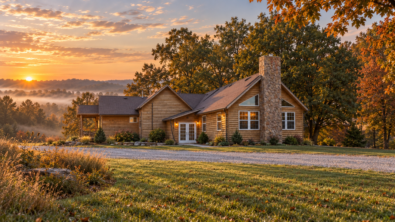 River Ridge Outfitters main hunting lodge at sunrise in Northern MissouriRiver Ridge Outfitters main hunting lodge at sunrise in Northern Missouri